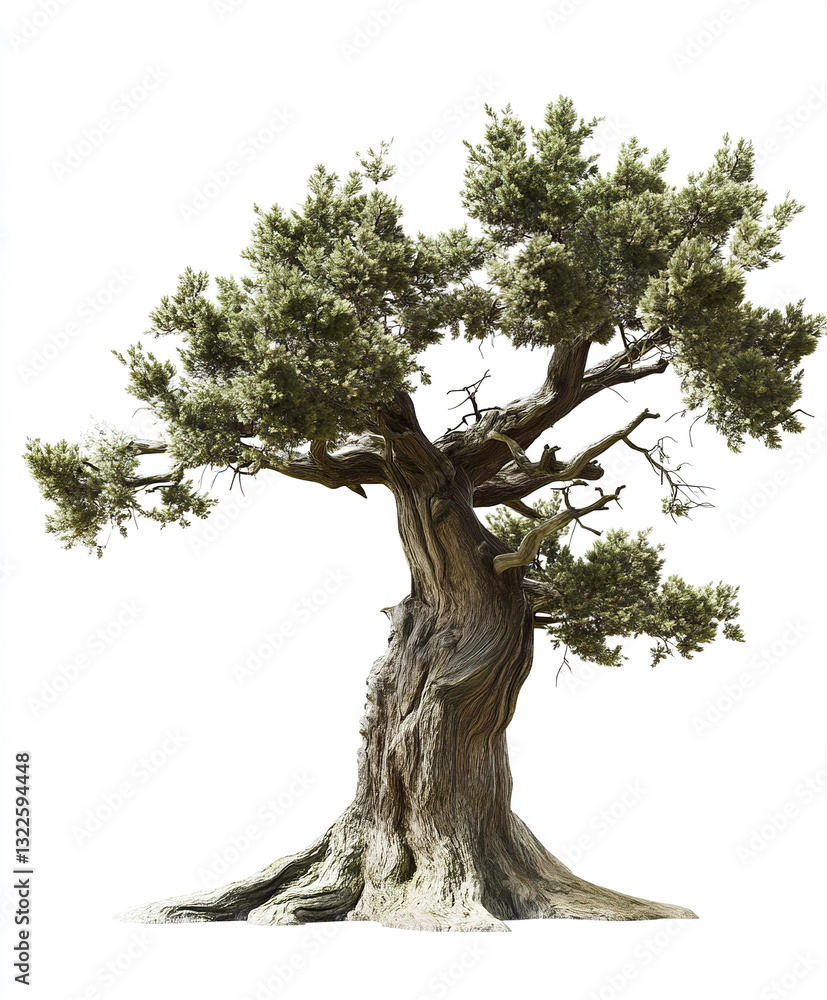 Poster ancient tree with twisted trunk and lush foliage on white background