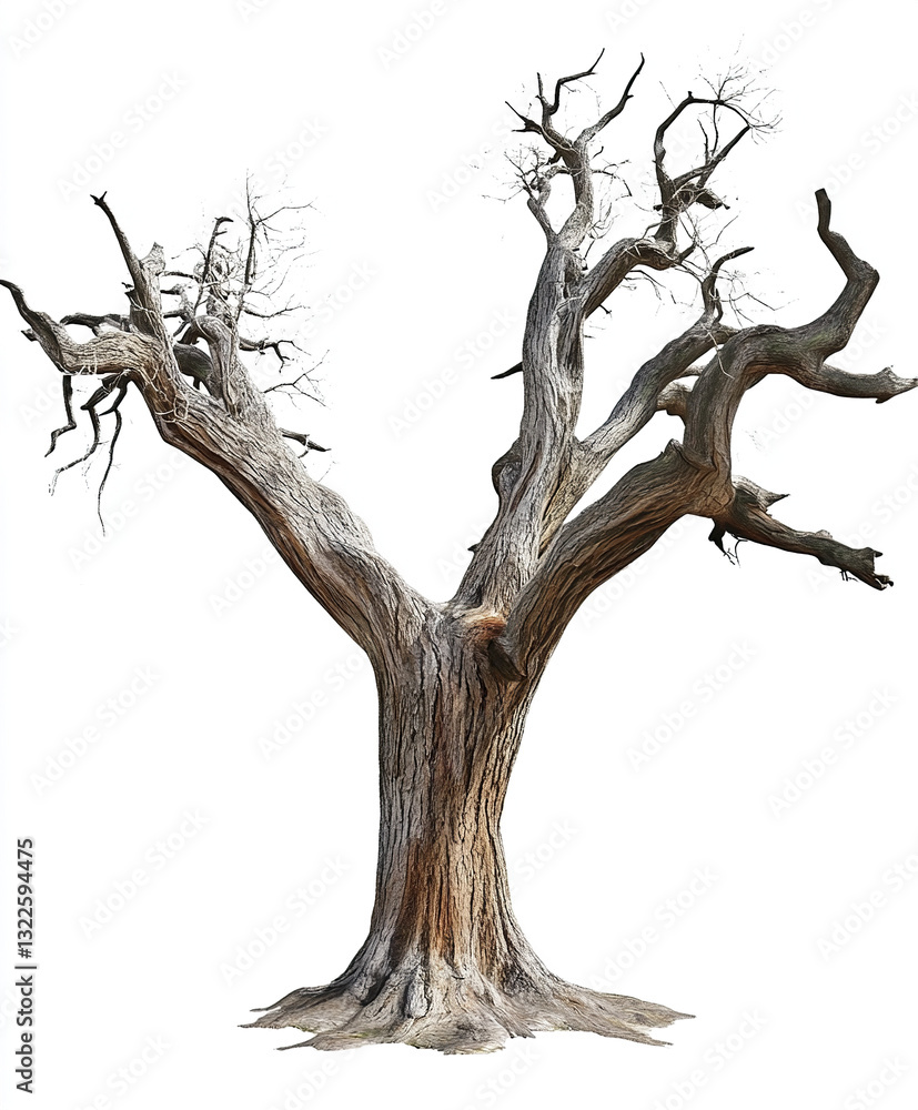 Poster ancient tree with twisted branches on white background