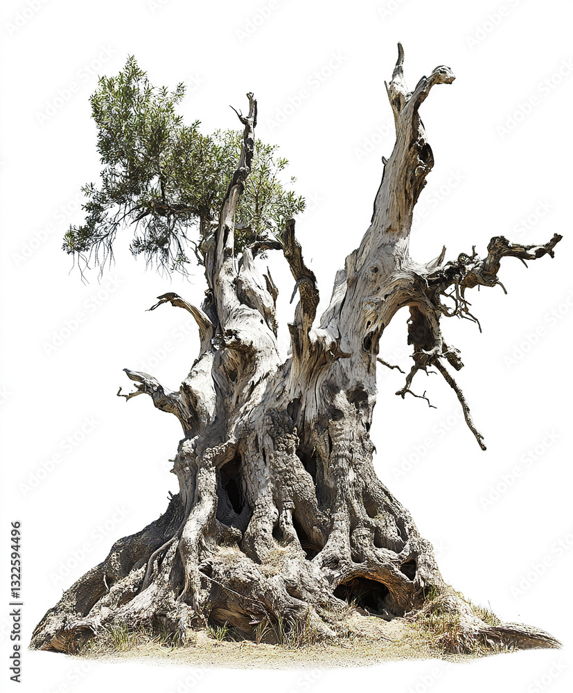 Poster ancient tree with twisted branches and roots on white background