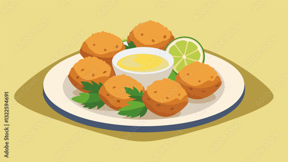 Poster miniature crab cakes with a hint of old bay seasoning and a lemon aioli for dipping.. vector illustr