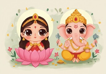 This vibrant illustration captures Hindu deities from India's rich cultural heritage, featuring bold colors that evoke an ancient yet contemporary spirit.