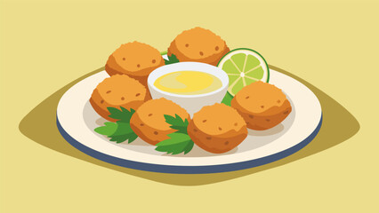 Miniature crab cakes with a hint of Old Bay seasoning and a lemon aioli for dipping.. Vector illustration