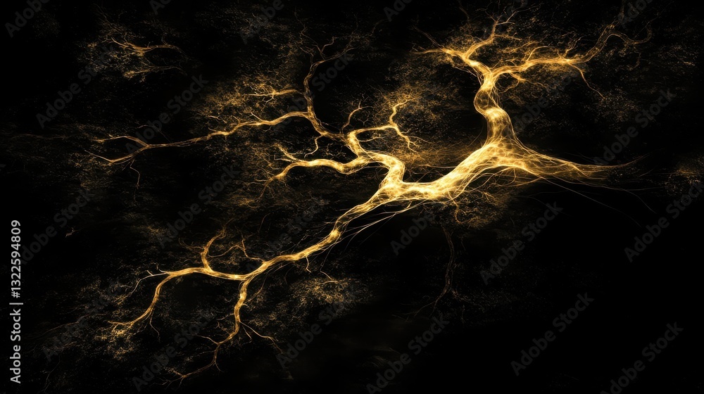 Poster abstract golden lightning fractal design on a black background showcasing organic shapes and intrica