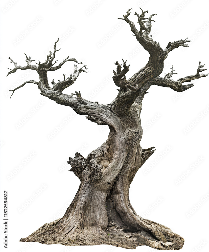 Poster ancient twisted tree with bare branches on white background