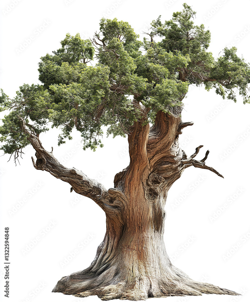 Poster ancient tree with twisted trunk and lush foliage on white background