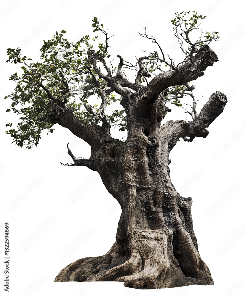 Poster ancient tree with twisted branches and sparse leaves on white background