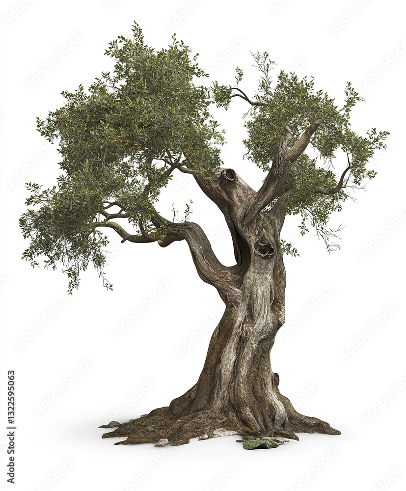 Poster ancient tree with twisted trunk and lush foliage on white background