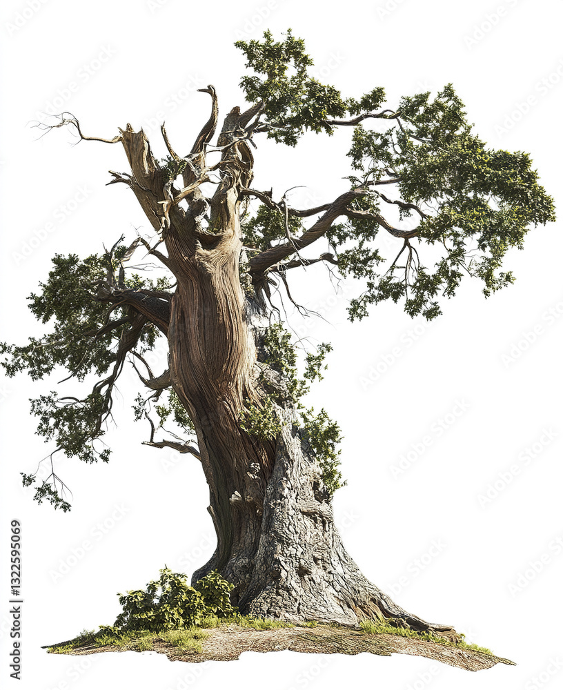 Poster ancient tree with twisted branches and lush foliage on white background