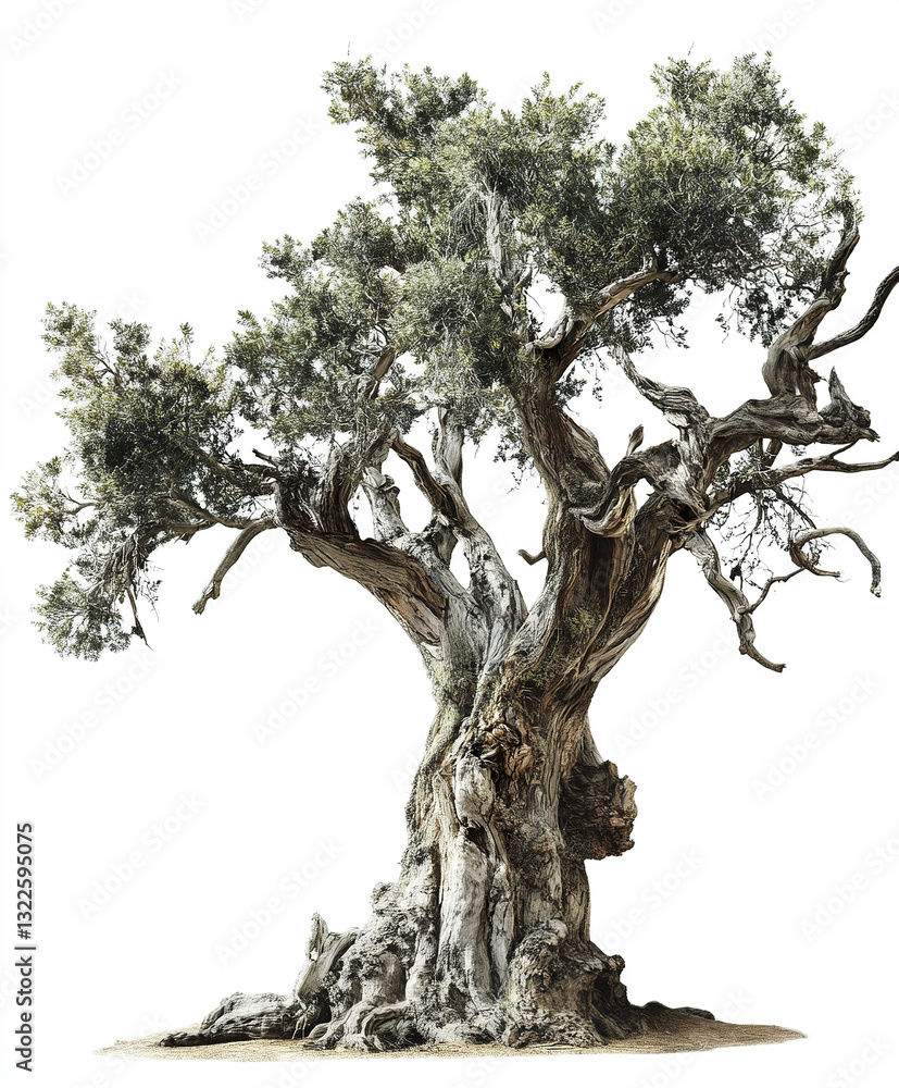 Aufkleber ancient tree with twisted branches and textured bark on white background