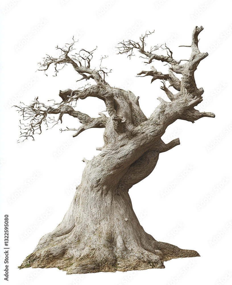 Poster ancient twisted tree with bare branches on white background