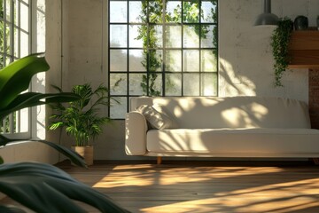 Sunlit living room with plants, sofa, and large window.