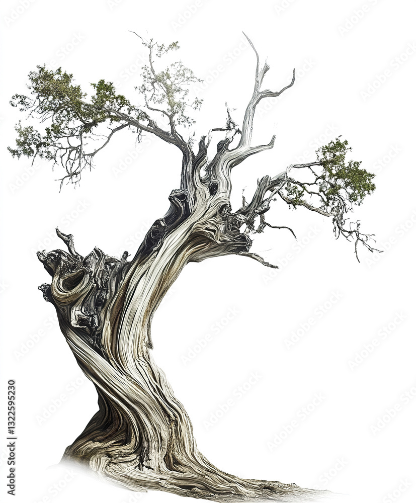 Poster ancient twisted tree with sparse foliage on white background