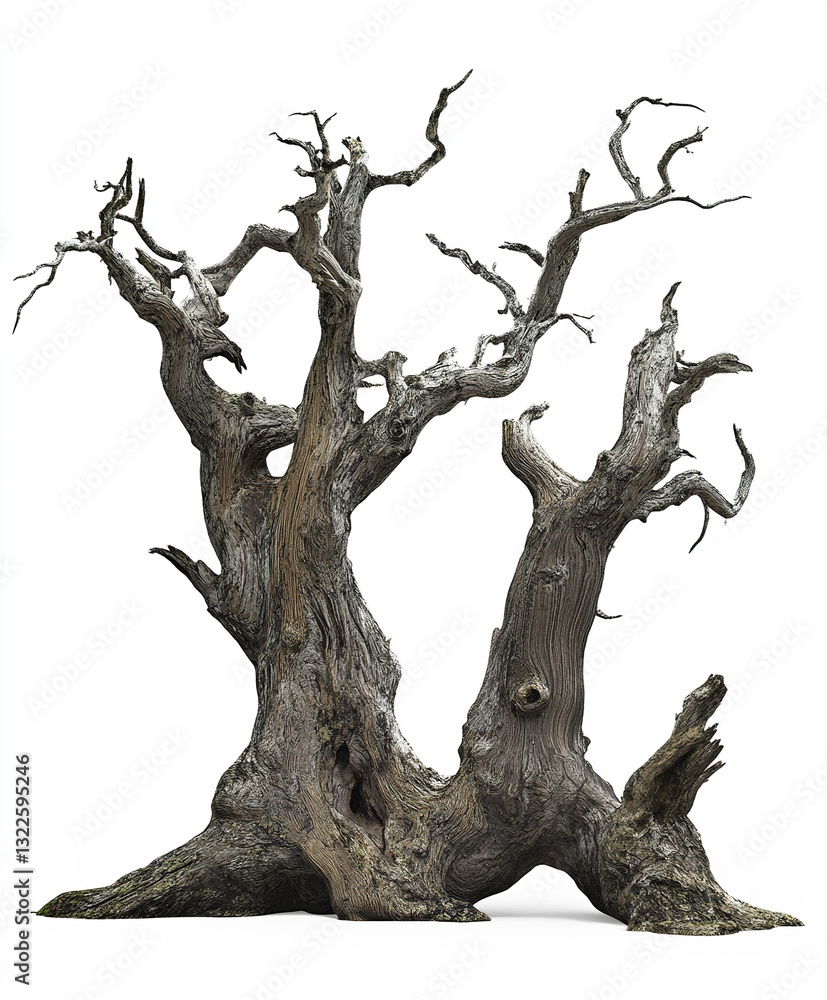 Poster ancient twisted tree with bare branches on white background