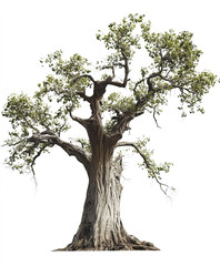 Fototapeta premium Ancient tree with twisted branches and green leaves on white background