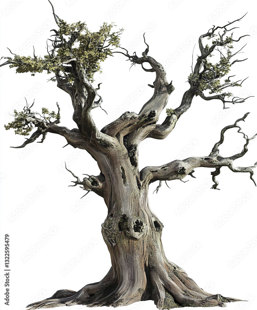 Poster ancient tree with twisted branches and sparse leaves on white background