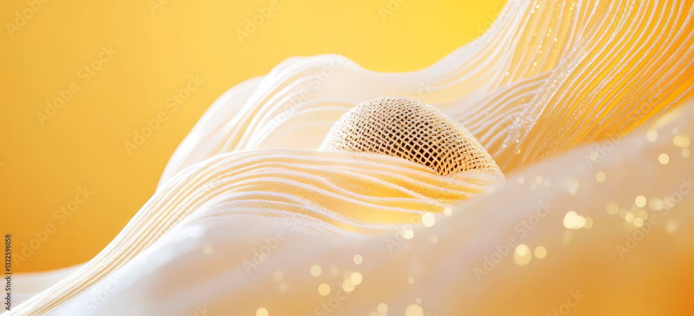 Poster abstract formations with textured elements: delicate waves of fabric cascade across a warm yellow ba