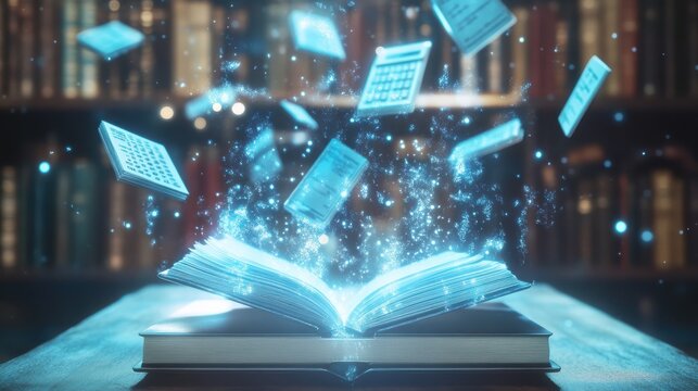 Enchanted Book with Floating Pages and Magical Symbols in a Cozy Library Setting