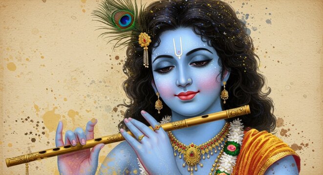 The divine flute player, Lord Krishna, in exquisite detail adorned, against a neutral beige backdrop.