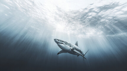 Fototapeta premium Great white shark swimming in ocean with sun rays filtering through water