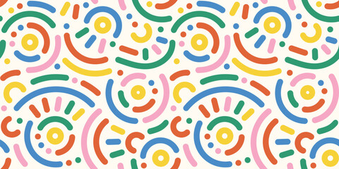 Memphis geometric seamless pattern. Abstract modern background with circles, curves, short rounded lines and dots. Fun kid doodle design element for cover, poster, banner, label, textile, wrapping	
