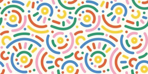 Memphis geometric seamless pattern. Abstract modern background with circles, curves, short rounded lines and dots. Fun kid doodle design element for cover, poster, banner, label, textile, wrapping  