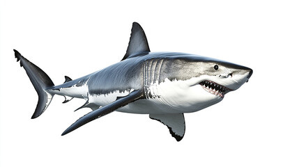 Obraz premium Great white shark swimming on white background