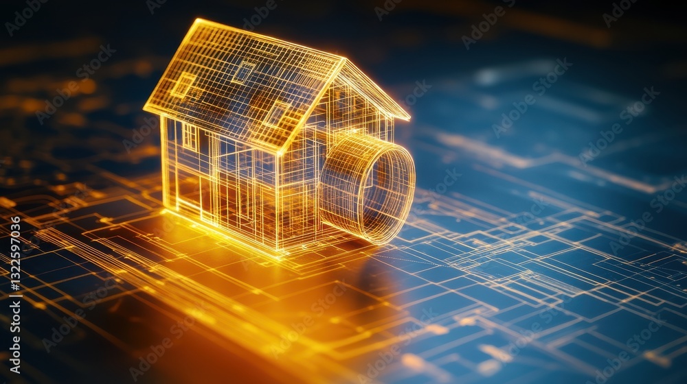 Poster futuristic 3d model of a house with digital blueprint elements signifying real estate and technology