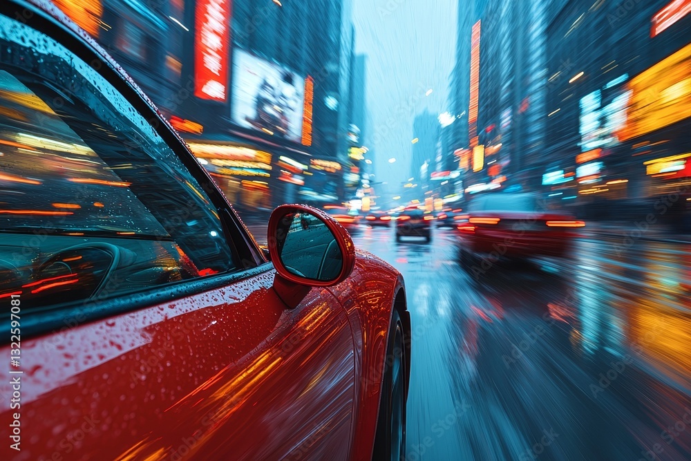 Poster while in a swiftly moving vehicle, shoot out the window with street motion blur