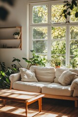 Sunlit living room with sofa, plants, and coffee table.