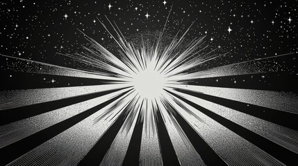 Black and white pattern with lines emanating outward, fostering a sense of motion and energy, directed towards a central focus