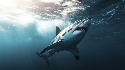 Fototapeta premium Great white shark swimming in ocean with sunlight above