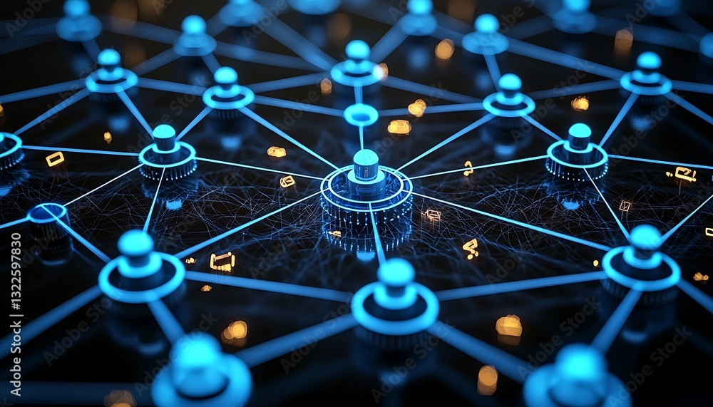 Poster a digital network diagram showing interconnected data points or nodes