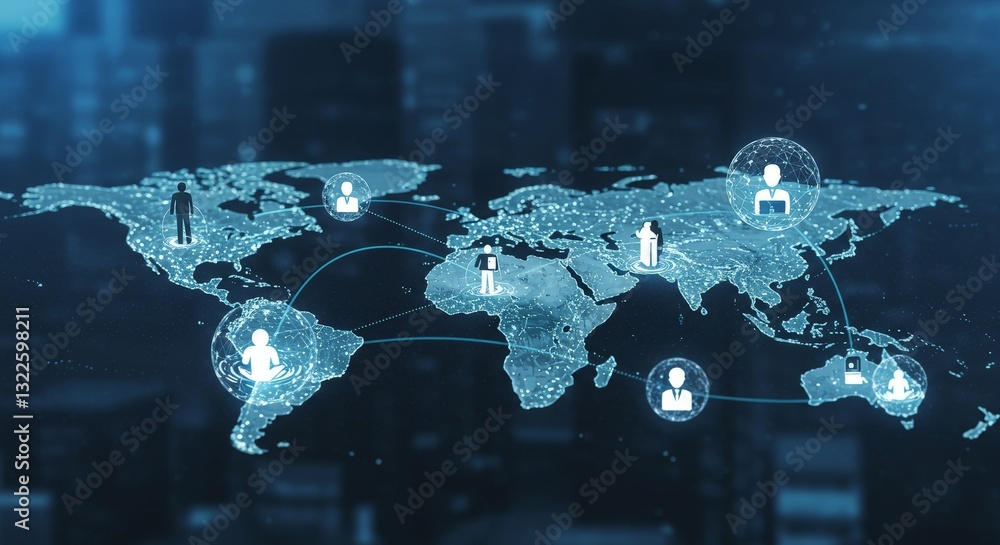 Poster global networks, digital connectivity, cloud computing - icons represent interconnected individuals 