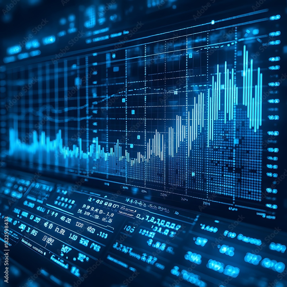 Poster a digital display showing financial data and stock market graphs