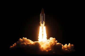 Rocket's Ascent: A powerful rocket streaks skyward, its fiery exhaust illuminating the darkness, representing the boundless potential of exploration and discovery.