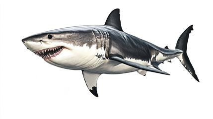 Obraz premium Great white shark emerging on white background