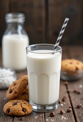 A glass of milk next to chocolate chip cookies on a rustic wooden table. The warm, natural light enhances the cozy and inviting atmosphere, with no hands or complex elements in the scene.