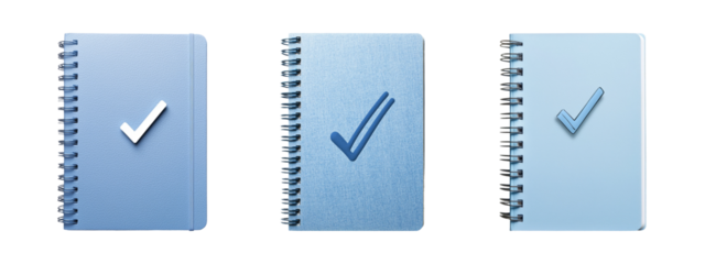 Three Stylish Blue Notebooks with Check Marks for Office and Education Use