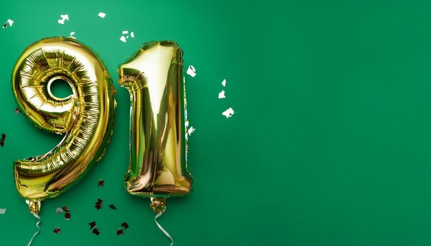 Banner with number 91 balloons on green background with copy space. Generated image