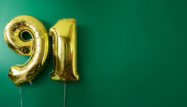 Banner with number 91 balloons on green background with copy space. Generated image