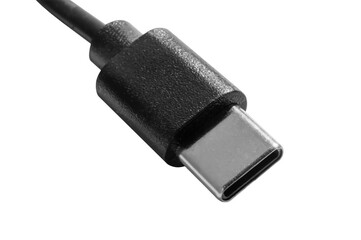 Black usb type c cable connector connecting to electronic devices. Isolated