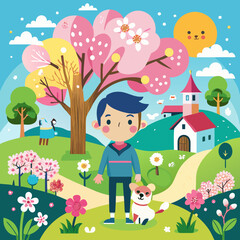 Fototapeta premium A child's summer cartoon illustration of a boy, girl, and dog playing in the grass under a sunny sky