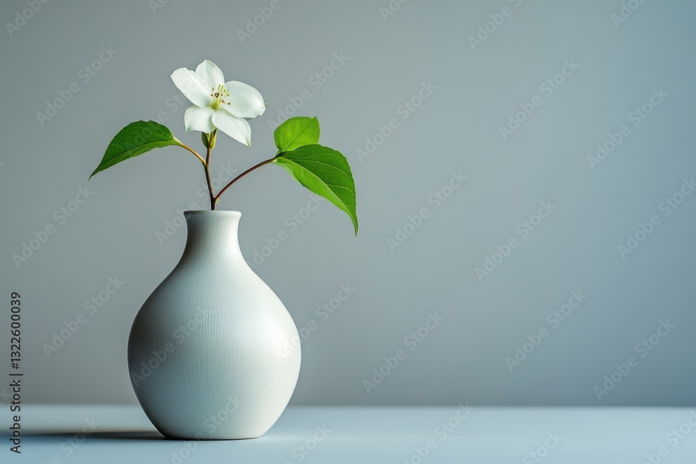 Poster Elegant white flower in a simple vase on a minimalist table against a soft gray background creating a serene atmosphere in natural light