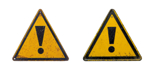 Two Vintage Warning Signs with Exclamation Marks on Isolated Background