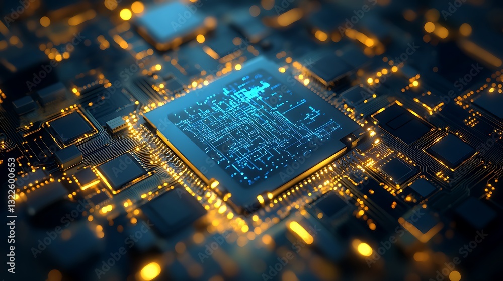 Poster close-up of a microchip's intricate circuitry