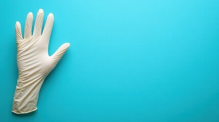 Obraz premium A white latex glove is positioned on a bright blue surface, highlighting themes of hygiene and safety commonly associated with medical practices and cleanliness