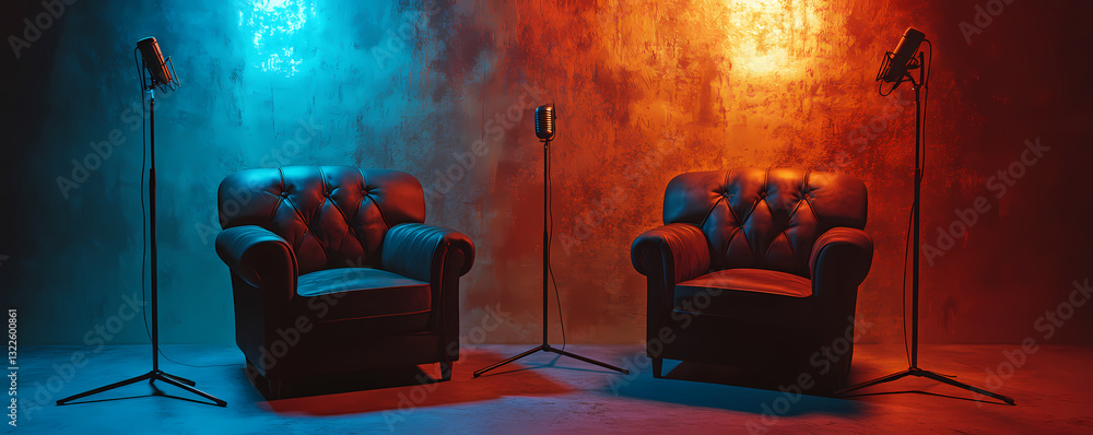 Poster atmospheric interview setup: two elegant armchairs sit ready in a studio, bathed in a moody red and 