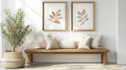 Mockup Frame over a wooden bench in coastal boho style. Bohemian luxury Contemporary room design. Luxurious elegant bedroom australian interior design. Wooden bench with a mockup Template for poster.