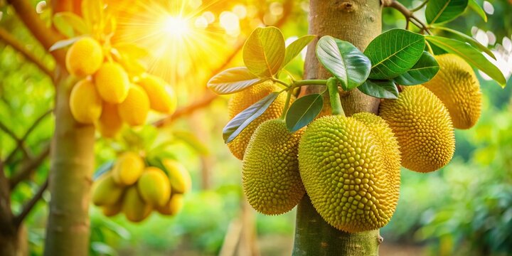 Lush Tropical Garden: Young Jackfruit Hanging from Tree Branches