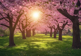 Fototapeta premium Serene Pathway Through Blooming Cherry Blossom Trees with Bright Sunlight Illuminating the Vibrant Pink Flowers and Lush Green Grass in a Tranquil Spring Setting